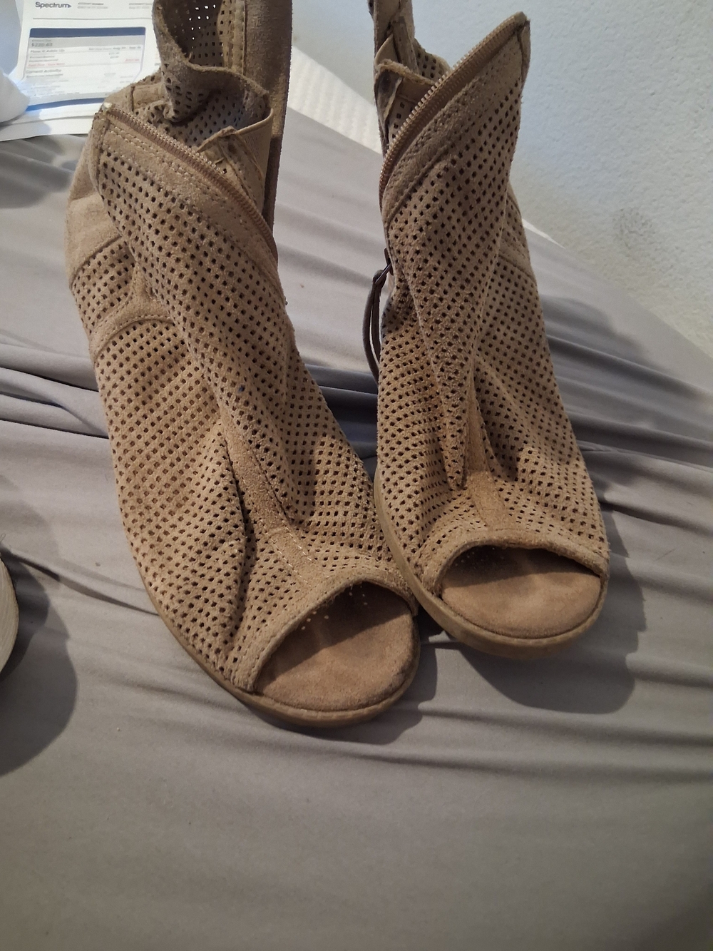 Womenās Taupe Perforated Peep-Toe Booties